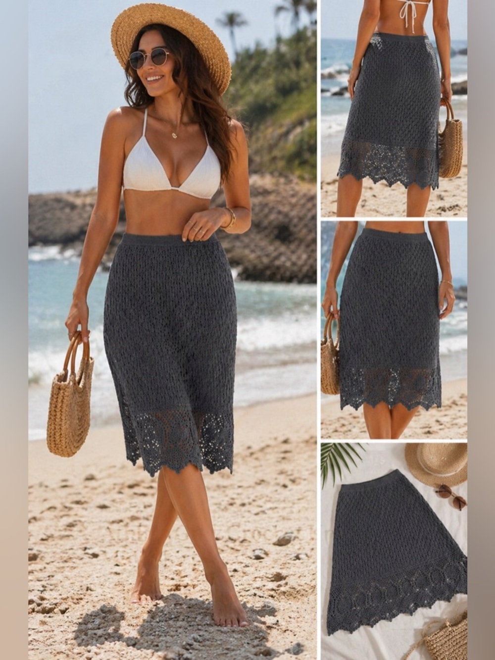 Athleta Gray Crochet Knit Midi Skirt Small Boho Beach